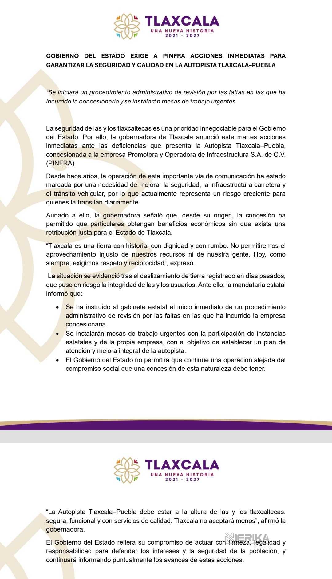 GOBIERNO DEL ESTADO EXIGE A PINFRA ACCIONES INMEDIATAS PARA GARANTIZAR LA SEGURIDAD Y CALIDAD EN LA AUTOPISTA TLAXCALA–PUEBLA