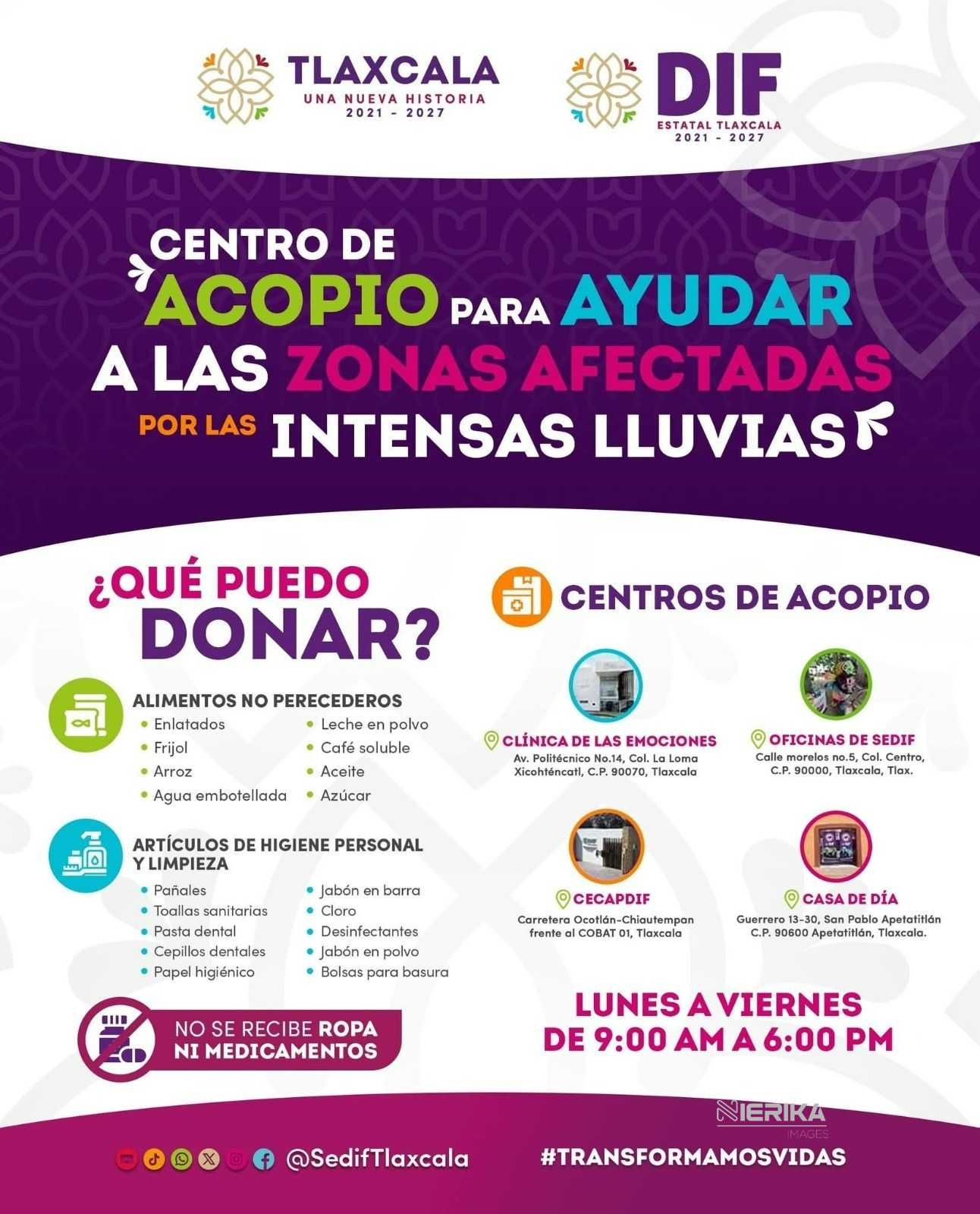 SEDIF ABRE CENTROS DE ACOPIO PARA APOYAR A FAMILIAS AFECTADAS POR LAS LLUVIAS EN VERACRUZ, PUEBLA, HIDALGO Y TLAXCALA