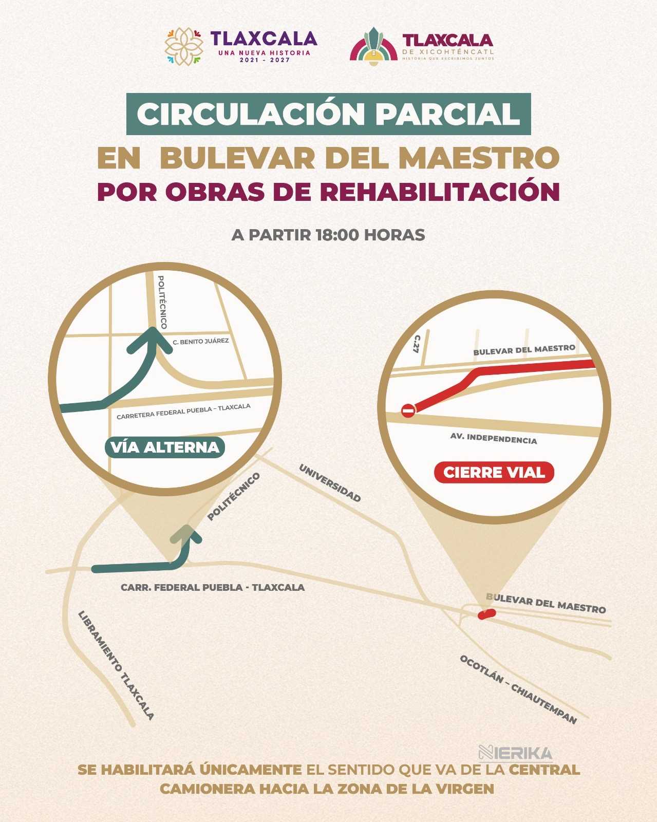 AYUNTAMIENTO DE TLAXCALA INFORMA QUE SE HABILITARÁ UN SOLO SENTIDO EN EL BULEVAR DEL MAESTRO A PARTIR DE ESTE MIÉRCOLES