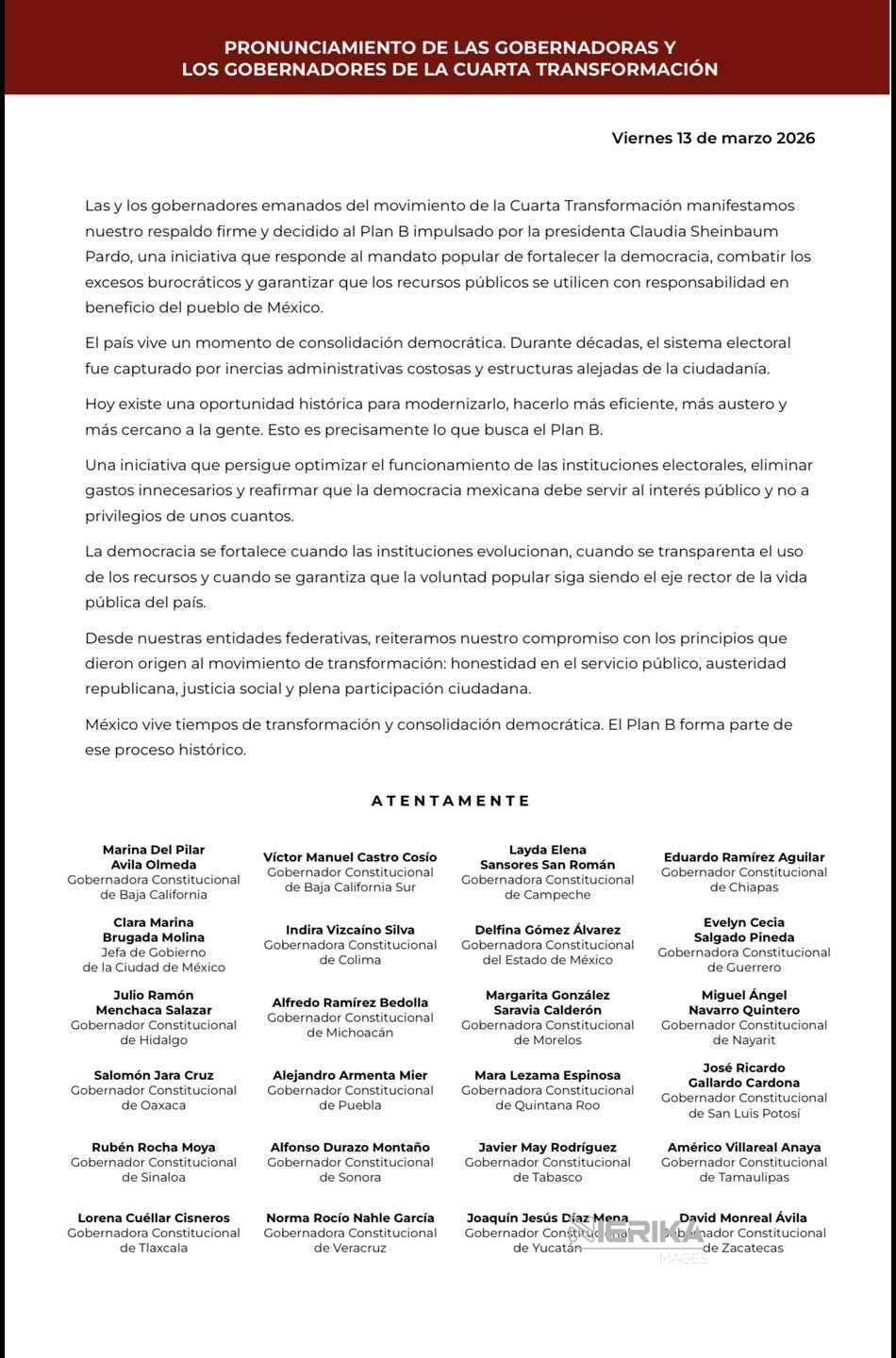 SE SUMA GOBERNADORA LORENA CUÉLLAR PRONUNCIAMIENTO NACIONAL PARA FORTALECER LA DEMOCRACIA