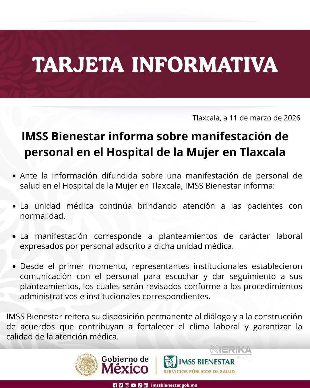 IMSS BIENESTAR INFORMA SOBRE MANIFESTACIONES DE PERSONAL EN EL HOSPITAL DE LA MUJER EN TLAXCALA