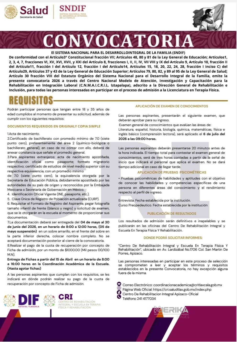 INICIA ENTREGA DE FICHAS PARA INGRESO 2026 A LA LICENCIATURA EN TERAPIA FÍSICA DEL CRI