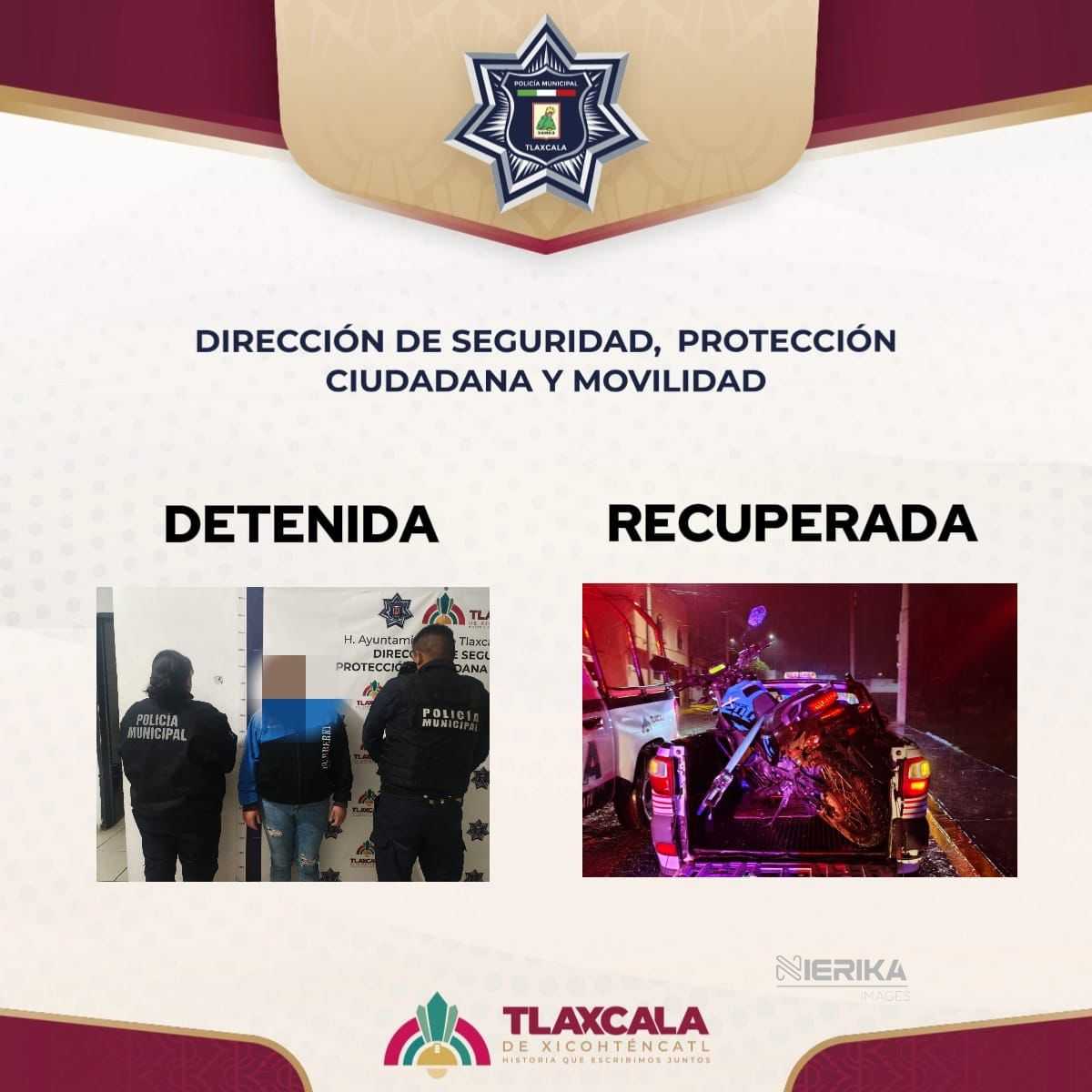 RECUPERA POLICÍA MUNICIPAL DE TLAXCALA MOTOCICLETA CON REPORTE DE ROBO Y DETIENE A UNA MUJER EN EL SABINAL