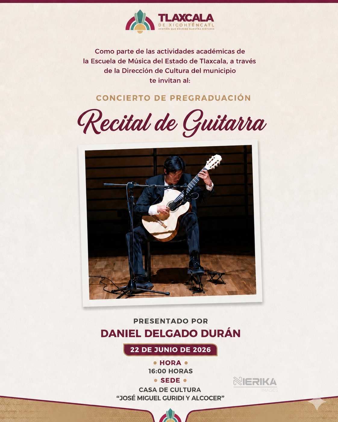 INVITA AYUNTAMIENTO DE TLAXCALA AL CONCIERTO DE PREGRADUACIÓN DEL GUITARRISTA DANIEL DELGADO ESTE LUNES