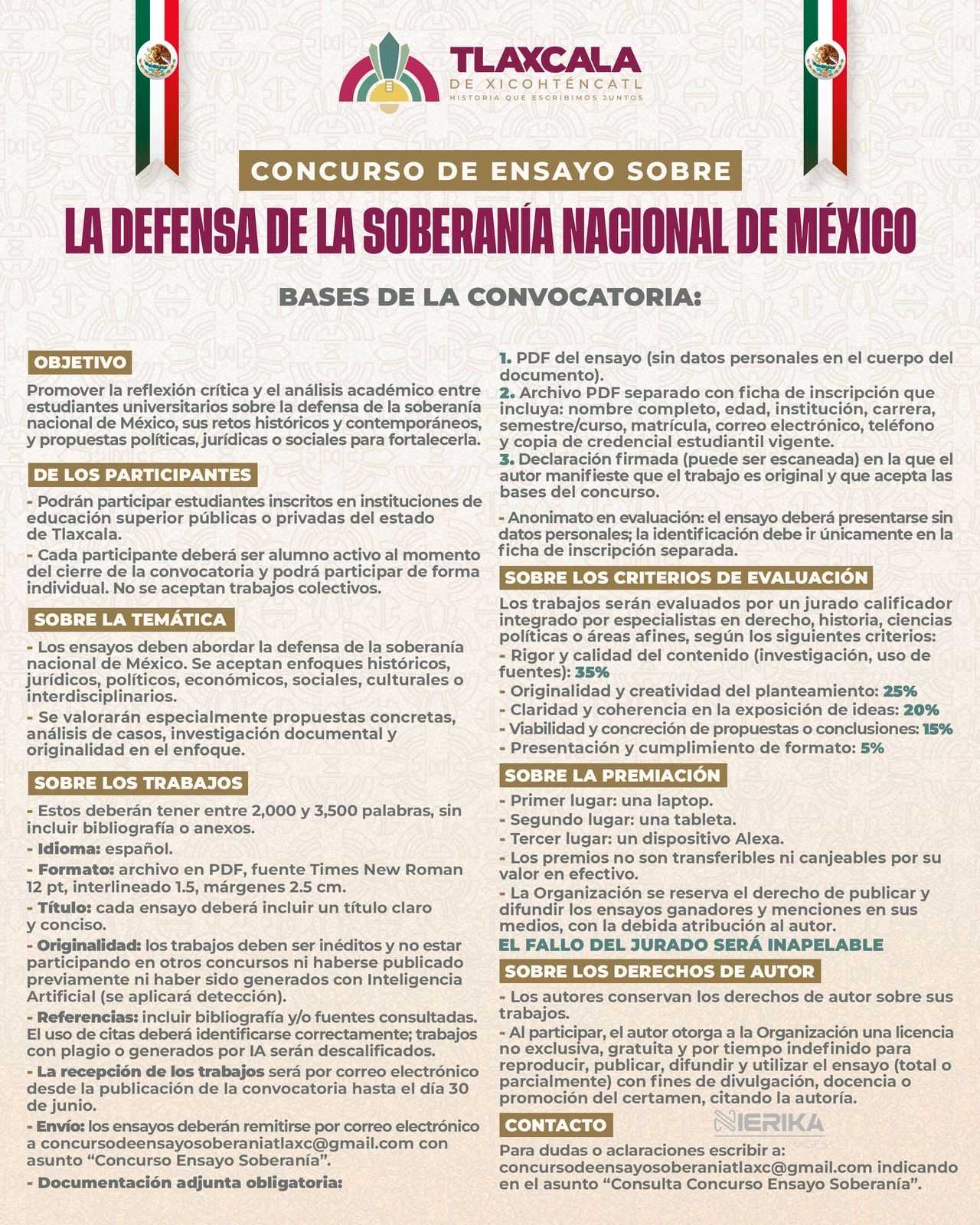 GOBIERNO MUNICIPAL DE TLAXCALA CONVOCA A CONCURSO DE ENSAYO SOBRE LA DEFENSA DE LA SOBERANÍA NACIONAL