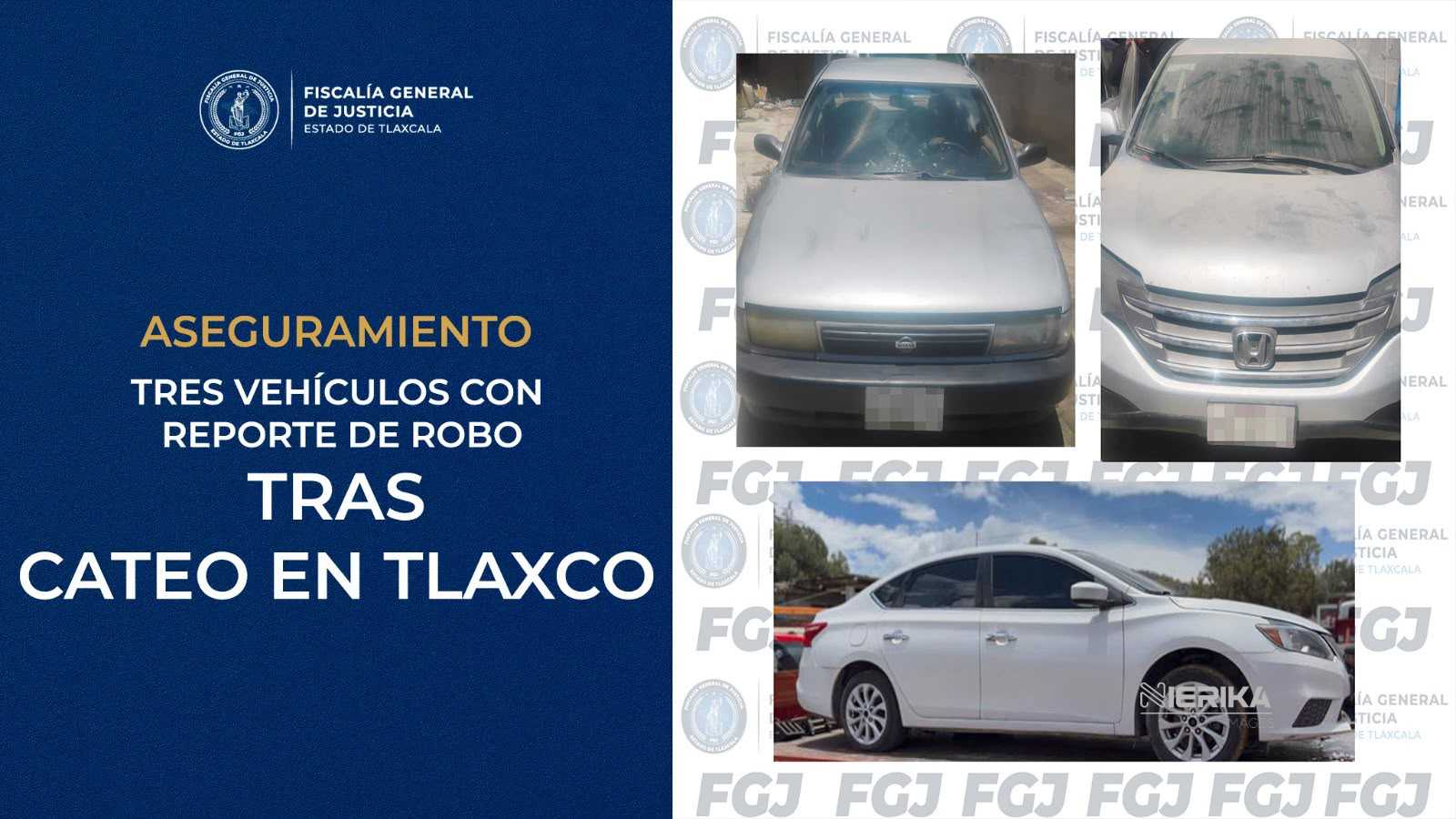 FGJE ASEGURA TRES VEHÍCULOS CON REPORTE DE ROBO TRAS CATEO EN TLAXCO