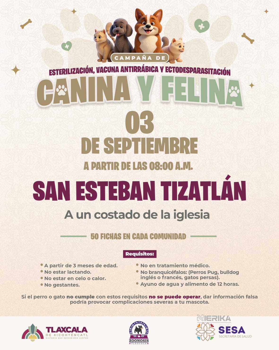 ESTE MIÉRCOLES Y JUEVES LLEGARÁ LA CAMPAÑA DE BIENESTAR ANIMAL DEL AYUNTAMIENTO DE TLAXCALA A SAN GABRIEL CUAUHTLA Y TIZATLÁN