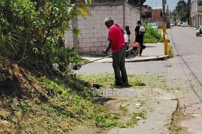 Brigadas del programa Más Territorio realizan una faena de limpieza y mantenimiento sobre la avenida Juárez, en el barrio de Tlacomulco